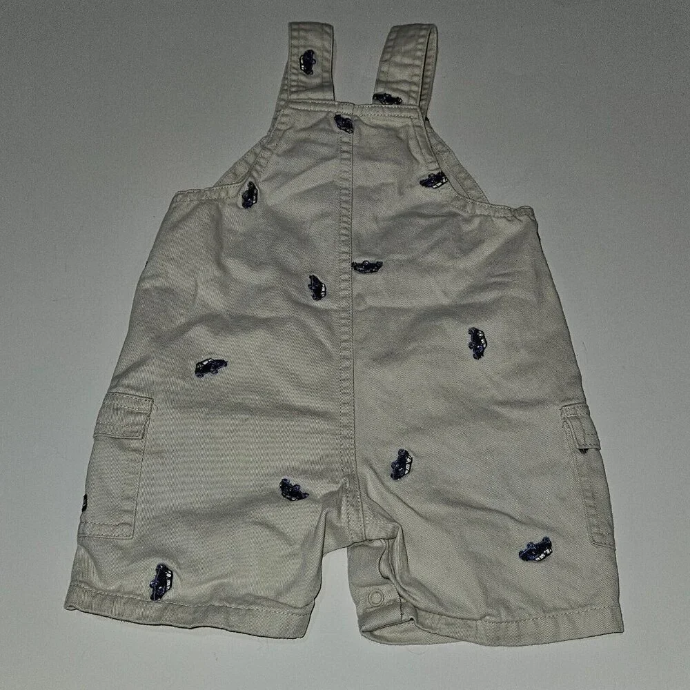 First Impressions Shirt Shortalls Outfit Tan Blue Embroidered Cars 6/9 Months
